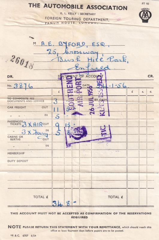 Southend Airport AA 1956 Plane Travel Ticket Reciept