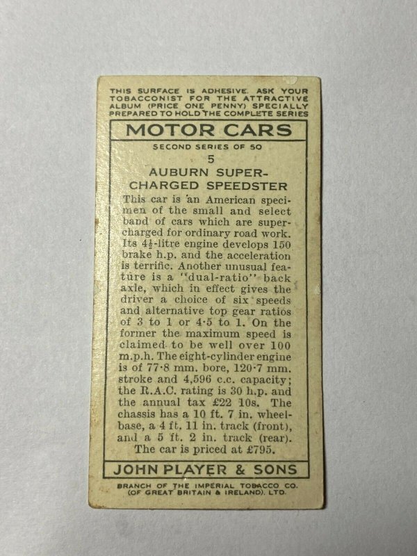 CIGARETTE CARD - PLAYER'S MOTOR CARS #05 AUBURN SUPERCHARGED SPEEDSTER   (UU523) 