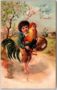 1909 A Joyful Easter Kid Carrying A Rooster Greetings Card Posted Postcard