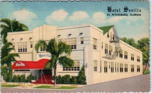 ST PETERSBURG, Florida FL ~  Roadside HOTEL SEVILLA  c1940s  Linen  Postcard