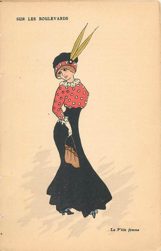 Early parisian fashion pictorial card artist signed mode sur les boulevards