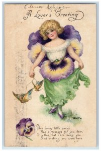 1918 Lover's Greeting Woman Pansy Flower Costume Butterfly Gibson Dulk Postcard