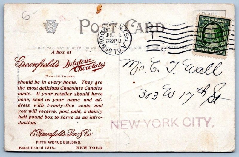 1910 GREENFIELD'S DELATOUR CHOCOLATES 4th OF JULY FIRECRACKER J BIEN POSTCARD