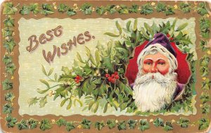 J6/ Santa Claus Christmas Postcard c1910 Purple Suit Best Wishes 71