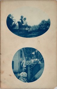 RPPC Buda IL Masked Cyanotype Family Photos Mother Father Children Postcard W13