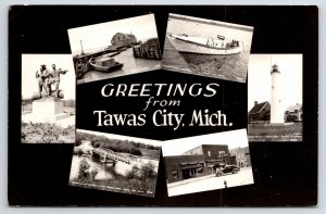 Tawas City~Monument, Bay, Coastguard Bboat~Lighthouse~Bridge, Main St~RPPC 1945 