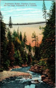 Circa 1930s Vintage Linen Postcard Suspension Bridge, Capilano Canyon Vancouver