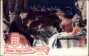 Royal York Hotel BRIGHTON Fancy Man Smoking Beautiful Woman Lounge Postcard