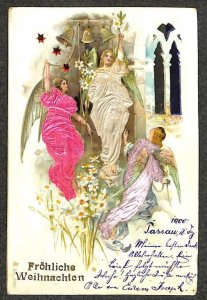 CHRISTMAS HOLIDAY ANGELS CHURCH BELLS GERMANY EMBOSSED NOVELTY POSTCARD 1900