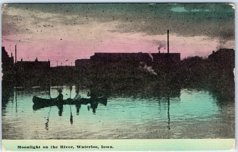 c1910s Waterloo, IA Moonlight on Cedar River Canoe Girl Photo Litho Postcard A63