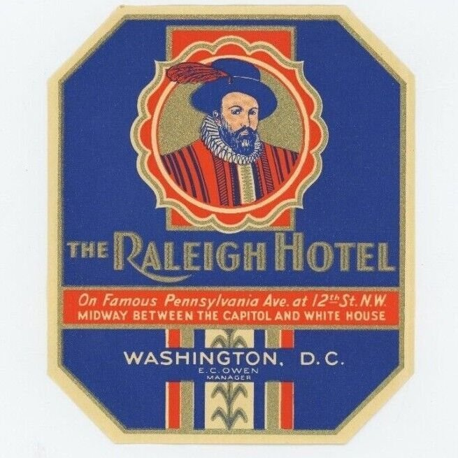 1930's-40's Raleigh Hotel Washington DC, Luggage Label Poster Stamp B6