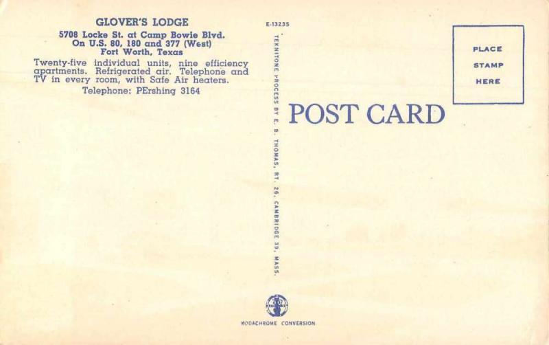 Fort Worth Texas Glover's Lodge Camp Bowie Blvd Vintage Postcard JD933776