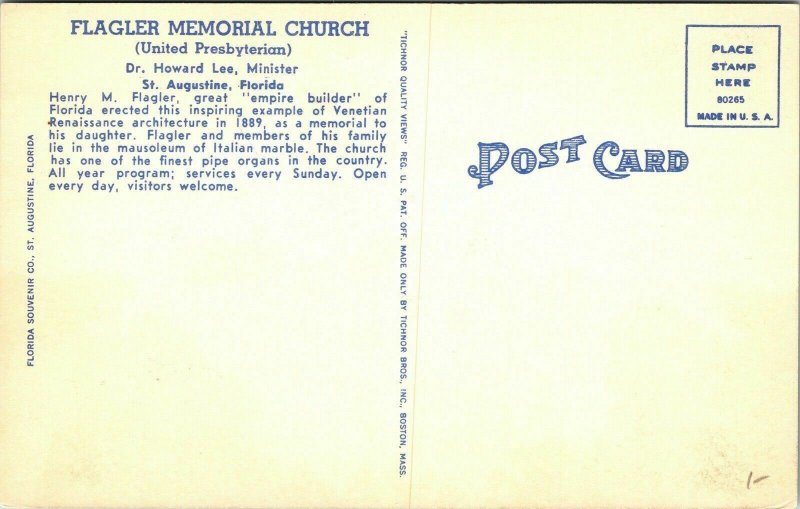 Flagler Memorial Church Valencia Sevilla Sts Saint Augustine FL Florida Postcard 