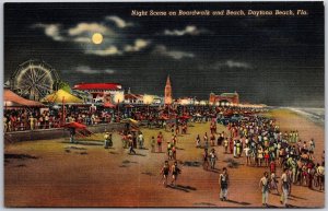 Daytona Beach Florida FL, Night Scene, Boardwalk and Beach, Vintage Postcard