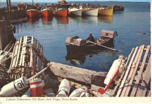 Lobster Fisherman Boats & Traps NS Nova Scotia Vintage c1973 Postcard D9