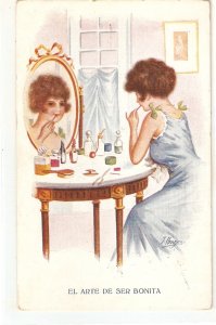 J.Ibañez. Lady putting on make-up. Arte de ser bonita Nice vintage Spanish PC