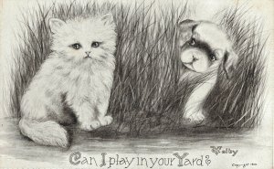Cat Kitten Puppy Dog Can I Play In Your Yard? Artist Signed Volby Postcard 07.97