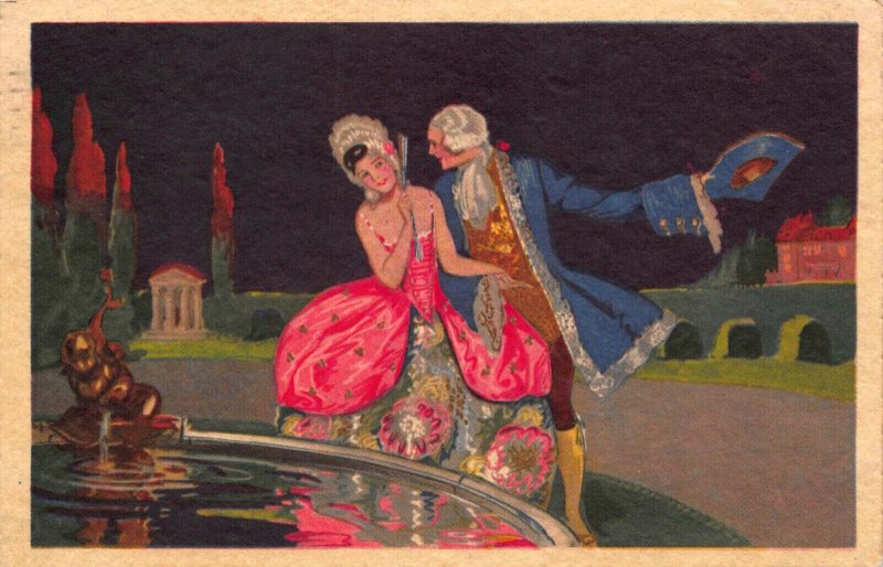 Postcard Romantic Man Trying to Kiss Woman by Fountain~123149