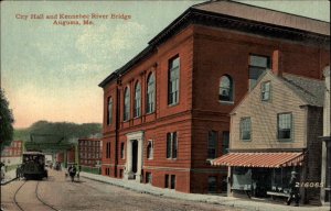 Augusta Maine ME City Hall Kennebec River Bridge Trolley Train c1910 Postcard