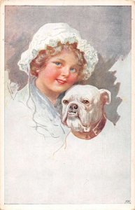 Girl in White Bonnet with White Bulldog  Vintage Postcard AA31308