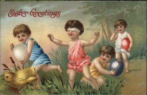 Easter Blindfolded Children Playing Easter Egg Hunt c1910 Vintage Postcard