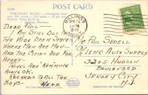 2~Linen Postcards BILLINGS, MT Montana NORTHERN HOTEL & LOBBY Corner Drug Store