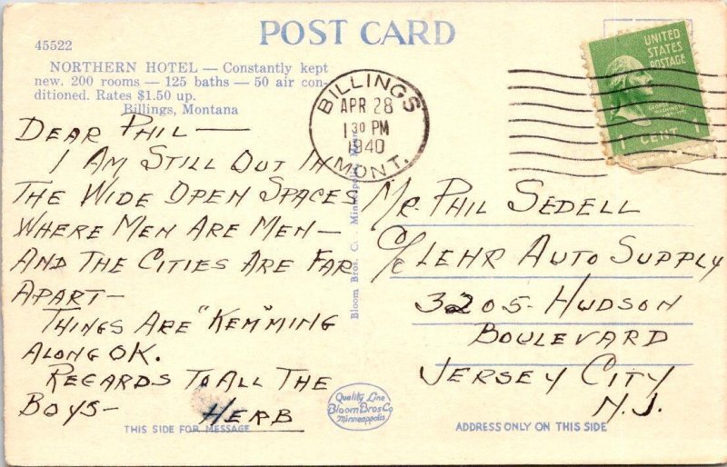 2~Linen Postcards BILLINGS, MT Montana NORTHERN HOTEL & LOBBY Corner Drug Store