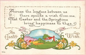 Vintage Postcard An Easter Wish Rabbits Bunnies Field Spring Holiday Greetings