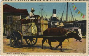 PC PHILIPPINES, CARABAO AND CART, Vintage Postcard (b39015)