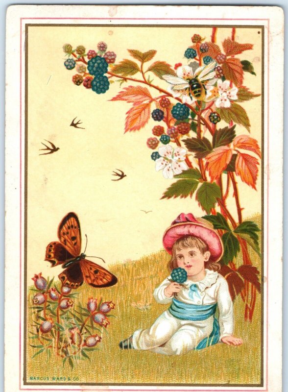 c1890s Merry Christmas Cute Girl Butterfly Bee Trade Card Marcus Ward C35