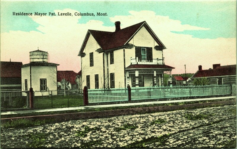 Residence home of Mayor Pat. Lavelle Columbus Montana handcolored Postcard