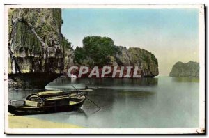 Postcard Old North Vietnam Rocks and Sampan in Halong Bay