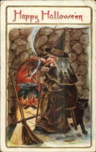 Halloween Old Witch & Cat at Cauldron Whitney c1910 Postcard