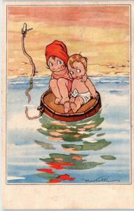 SIGNED Italian Deco ARTIST CASTELLI 1923 Postcard 2 CUTE KIDS in Water in Barrel