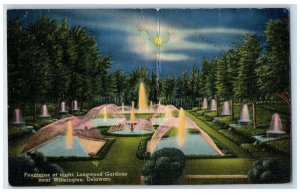 c1940's Fountains At Night Longwood Gardens Near Wilmington DE Unposted Postcard