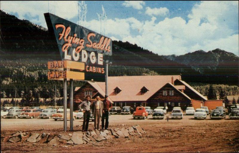 Alpine WY Flying Saddle Lodge Hwy 89 Naon Sign Old Cars Postcard