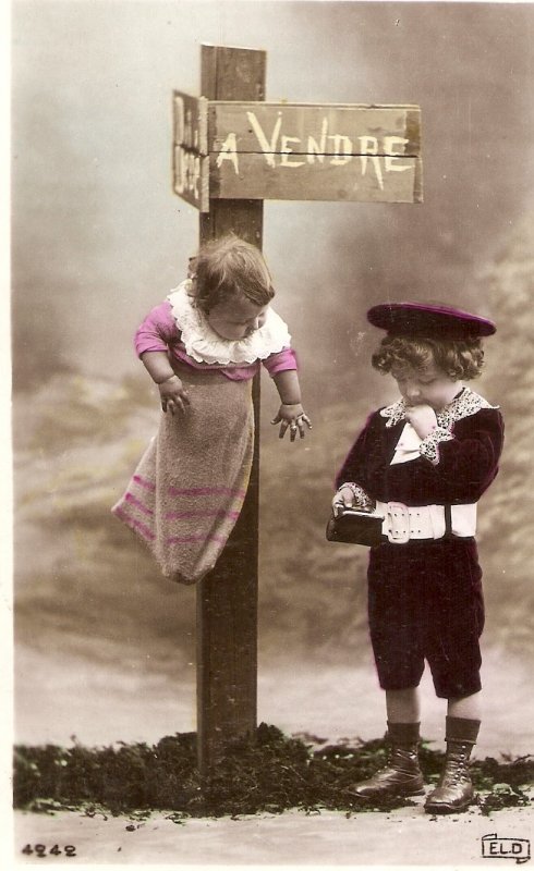 Children. Baby for sale. A Vendre Curious vintage French postcard