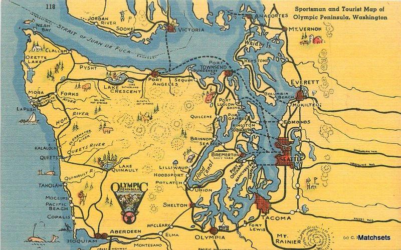 1940's Sportsman & Tourist  Map Attractions linen PUGET SOUND JOHNSTON 9328