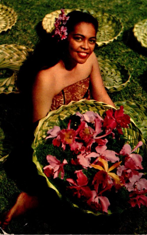 Hawaii Beautiful Native Girl Selling Island Orchids 1955