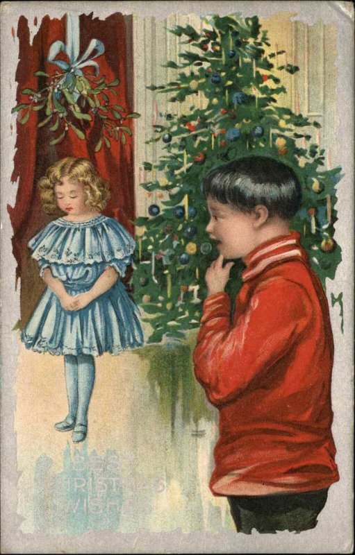 CHRISTMAS Young Boy Sees Little Girl Under Mistletoe EMBOSSED c1910 Postcard