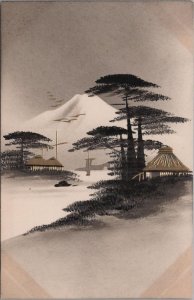 Postcard Handpainted Japan Mountain and Trees + Village  #4