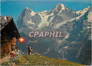 Postcard Modern Player Alphorn and Family Eiger and Monch