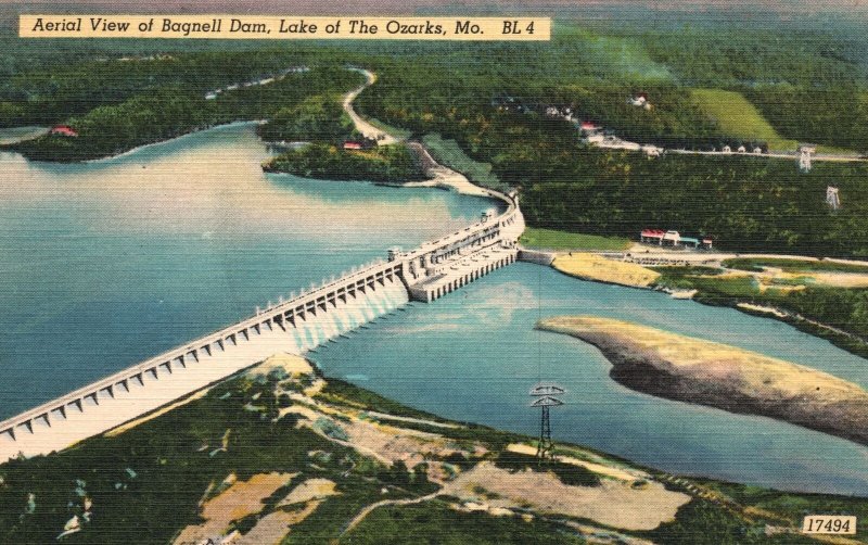 Vintage Postcard Aerial View Bagnell Dam Lake at the Ozarks Missouri Blair Cedar 