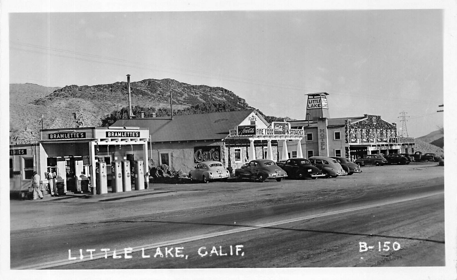 Little Lake CA Gas Station Old Cars Storefronts Real Photo Postcard