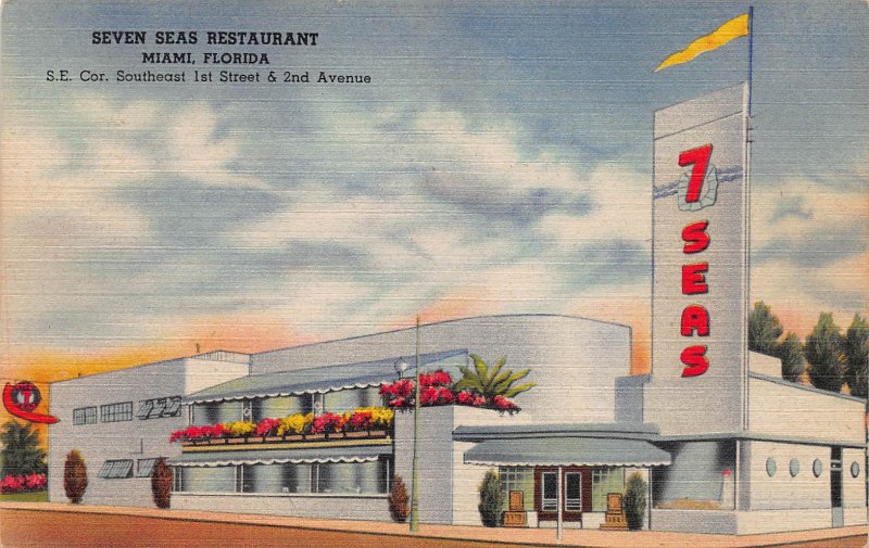 Seven Seas Restaurant, Miami, Florida, Early Linen Postcard, Unused