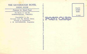 Kavanaugh Hotel Dining Room Interior Harrisonburg Virginia 1940s linen postcard