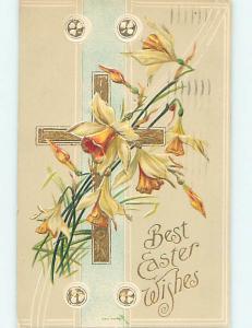 Pre-Linen easter religious BEAUTIFUL DAFFODIL FLOWERS WITH JESUS CROSS hr2419