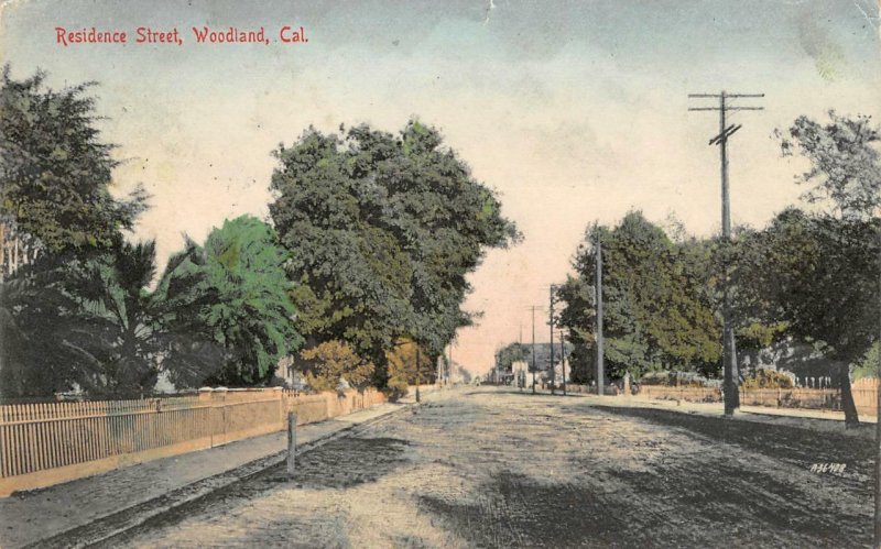 WOODLAND Residence Street Scene California 1914 Vintage Hand-Colored Postcard