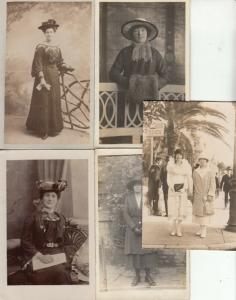 Women with fancy hats early photo postcards x 5