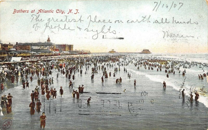 Atlantic City New Jersey 1907 Postcard Boardwalk Ocean Beach Bathers